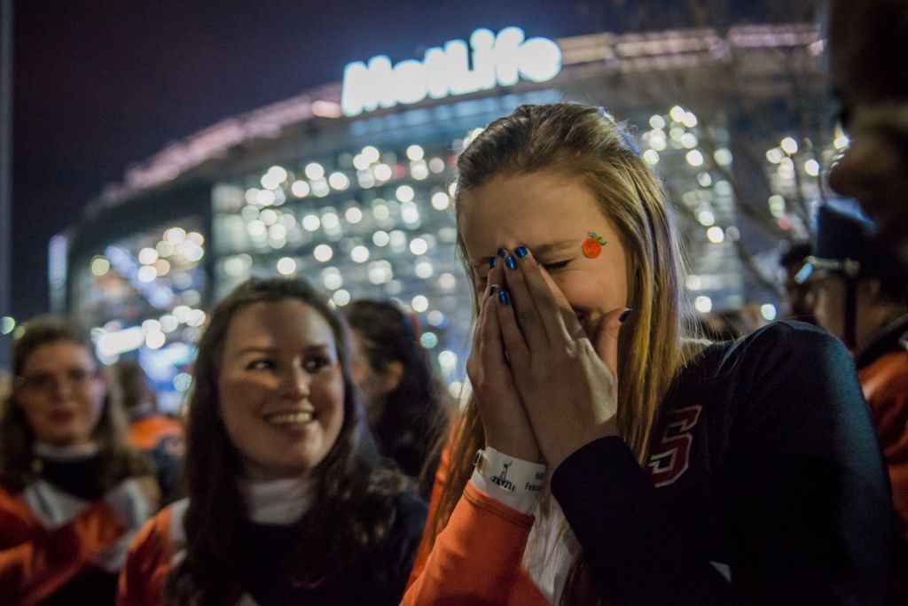 "I don't want to leave," Natasha Olejar cries after her performance with the Syracuse University Marching Band at the Super Bowl on Sunday night.