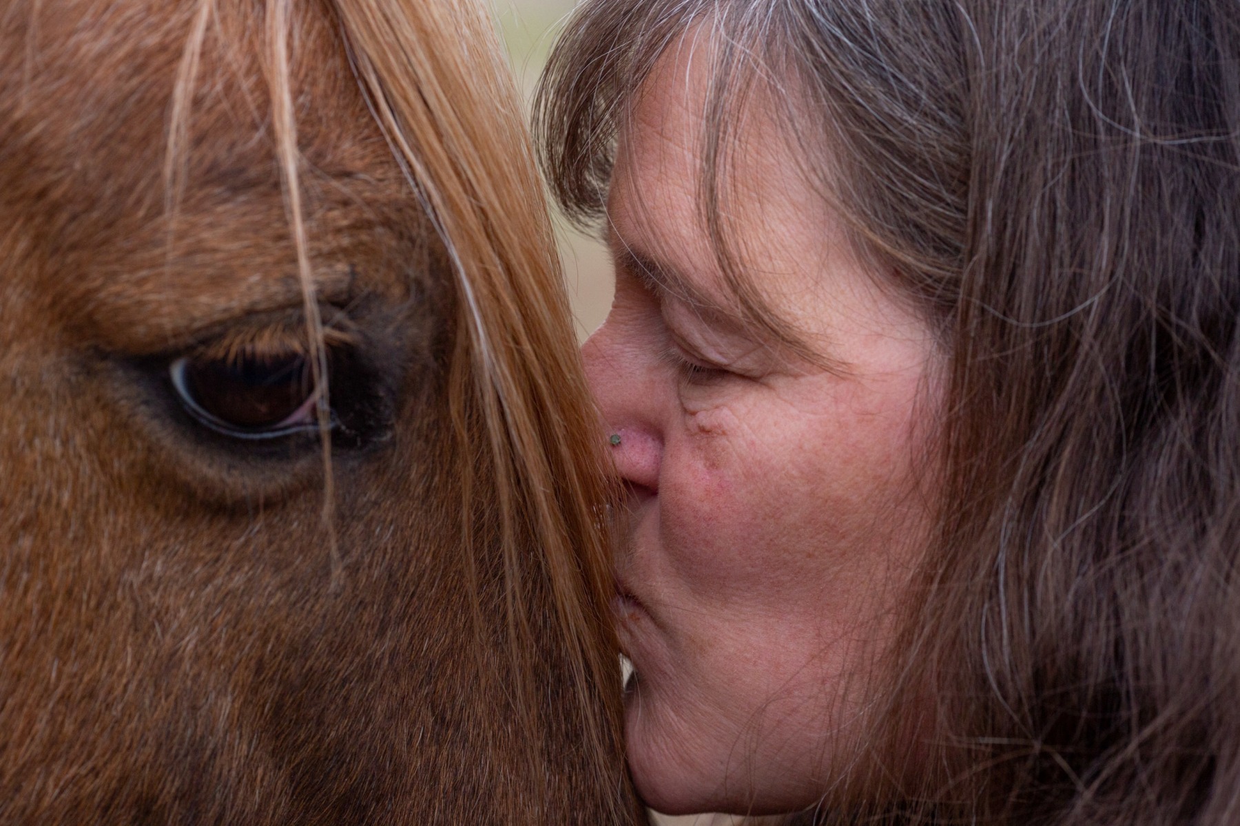 Vickie Seiter kisses one of her horses, Popcorn, after feeding him. Vickie moved to Chesterhill four years ago to fulfill her dream of starting a life-coach business where she uses horses to support her clients. “This is my church,” Vickie says about her small horse farm.